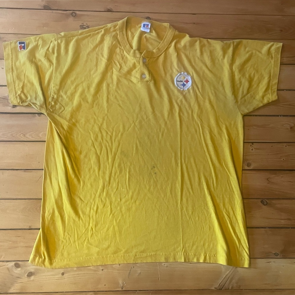 Pittsburgh Steelers NFL Yellow Vintage 90s Henley Shirt Logo Mens XL Distressed